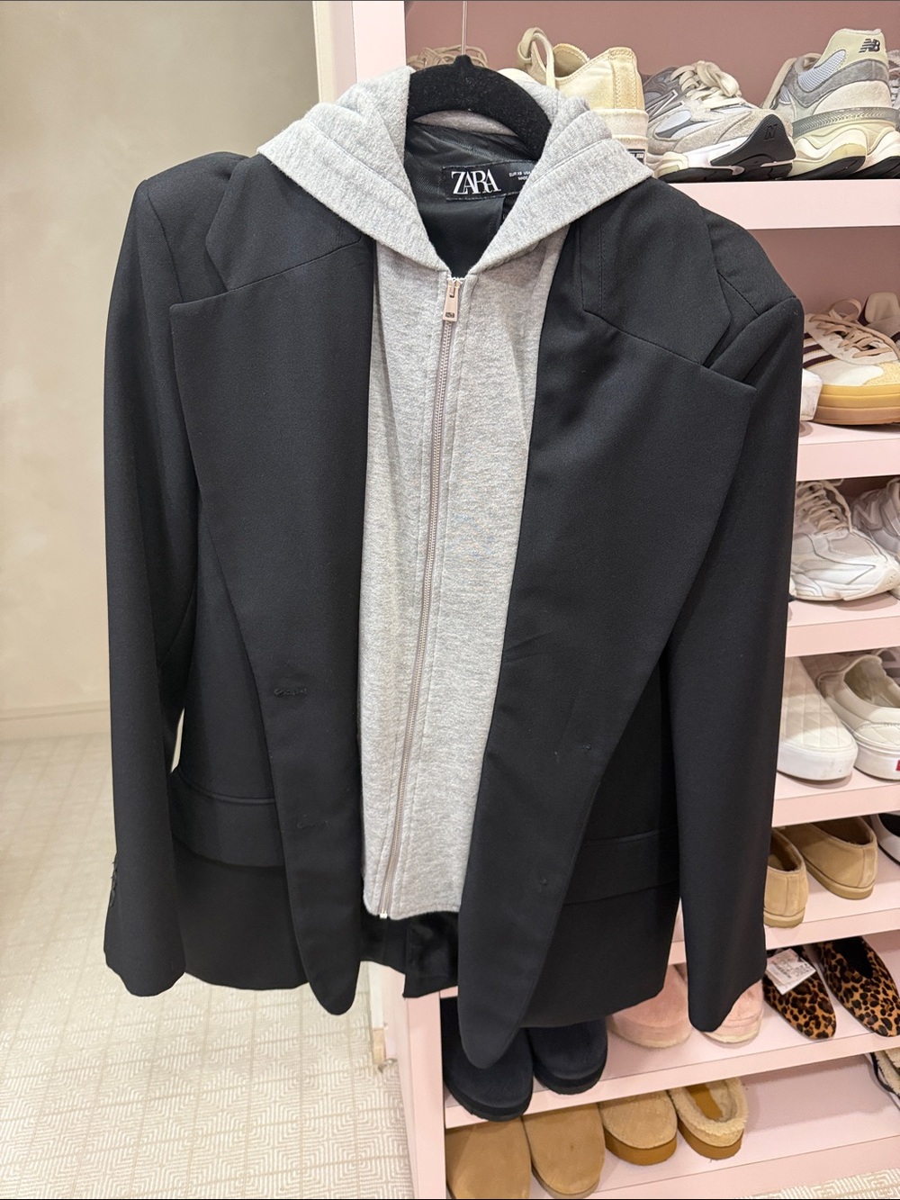 Zara Black Blazer with Light Gray Hoodie Insert